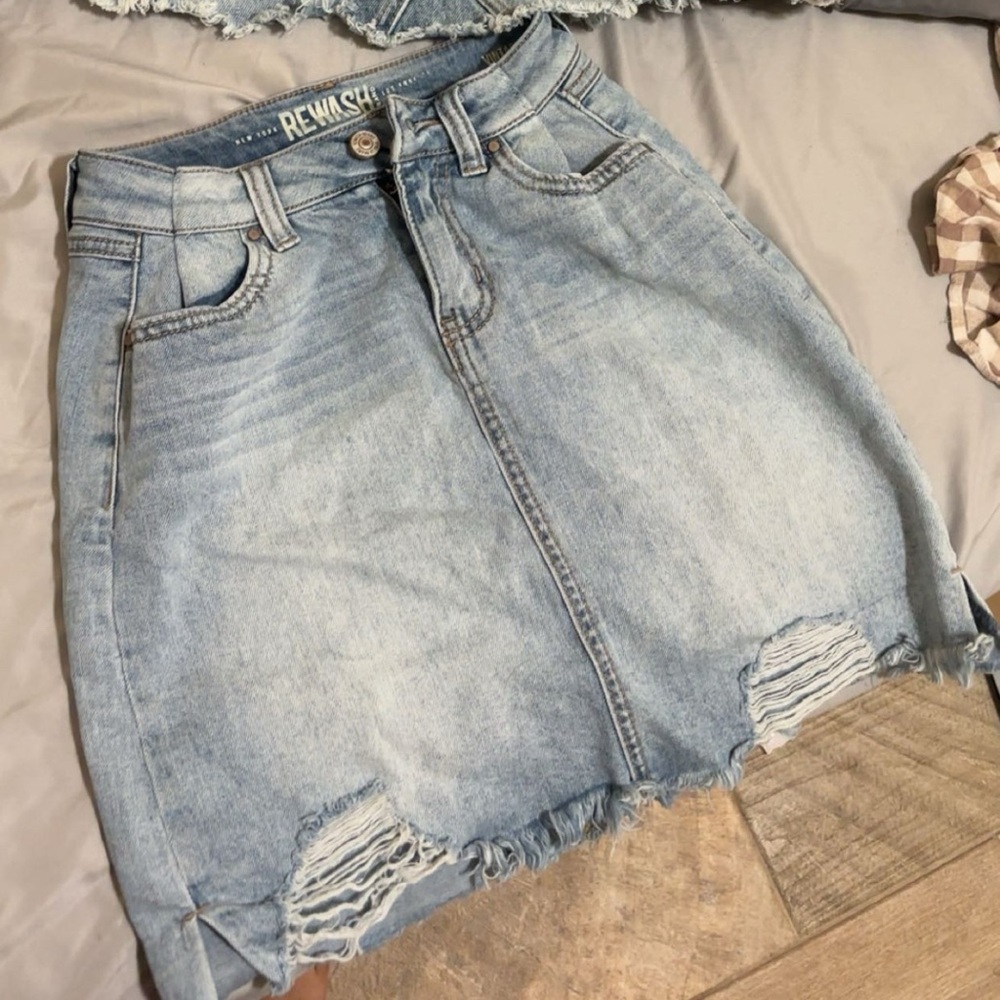 Blue Distressed Denim Skirt